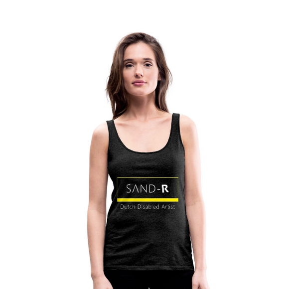 White woman with brown long hair wearing a charcoal tank top with text: SAND-R, Dutch Disabled Artist.